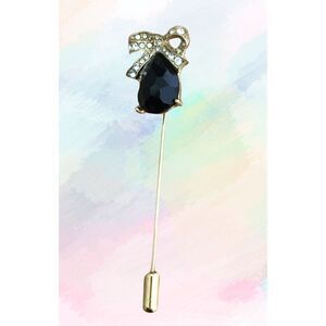 Vintage 1970s Victorian Style Stick Pin | Pave' Rhinestone Bow, Black Glass